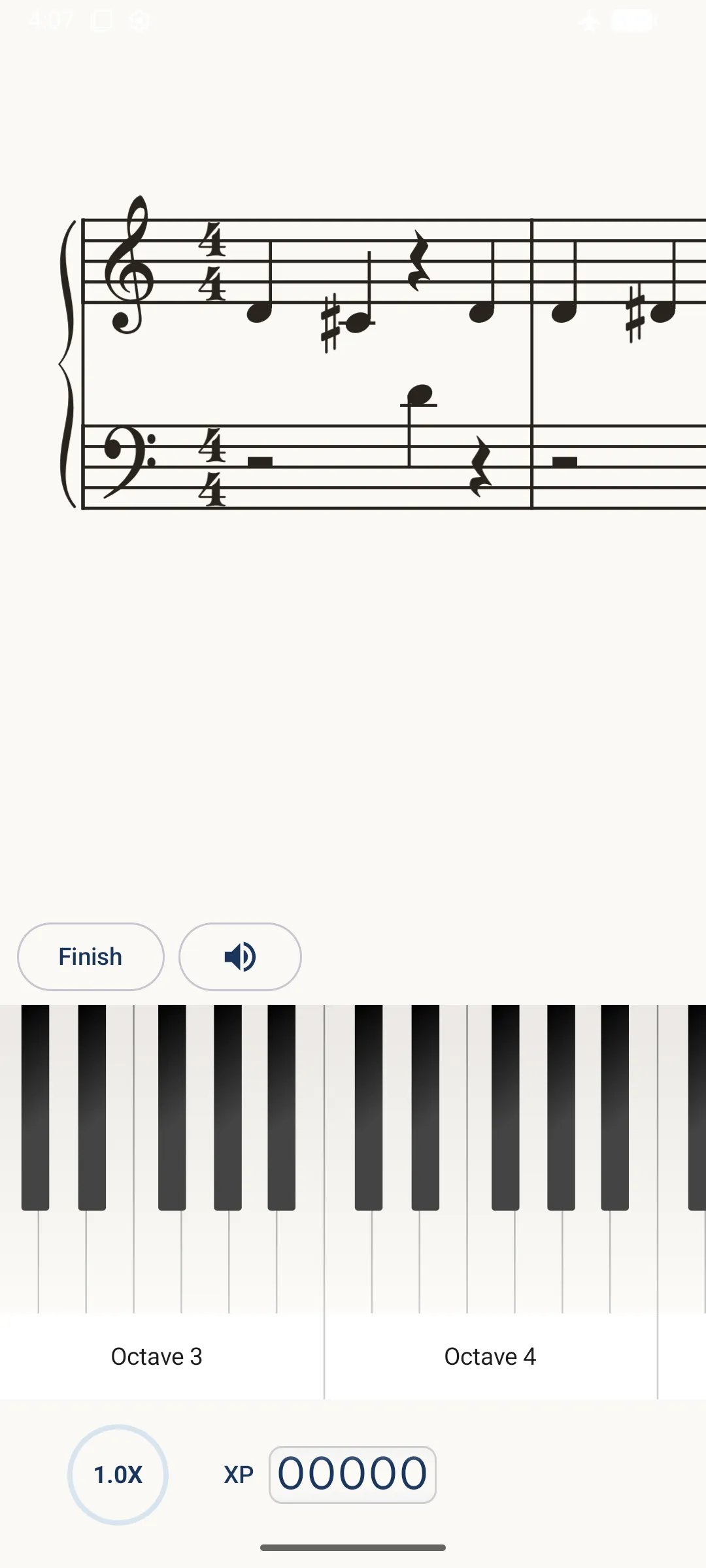 Note Universe app showing a sight-reading exercise with sheet music and on-screen piano