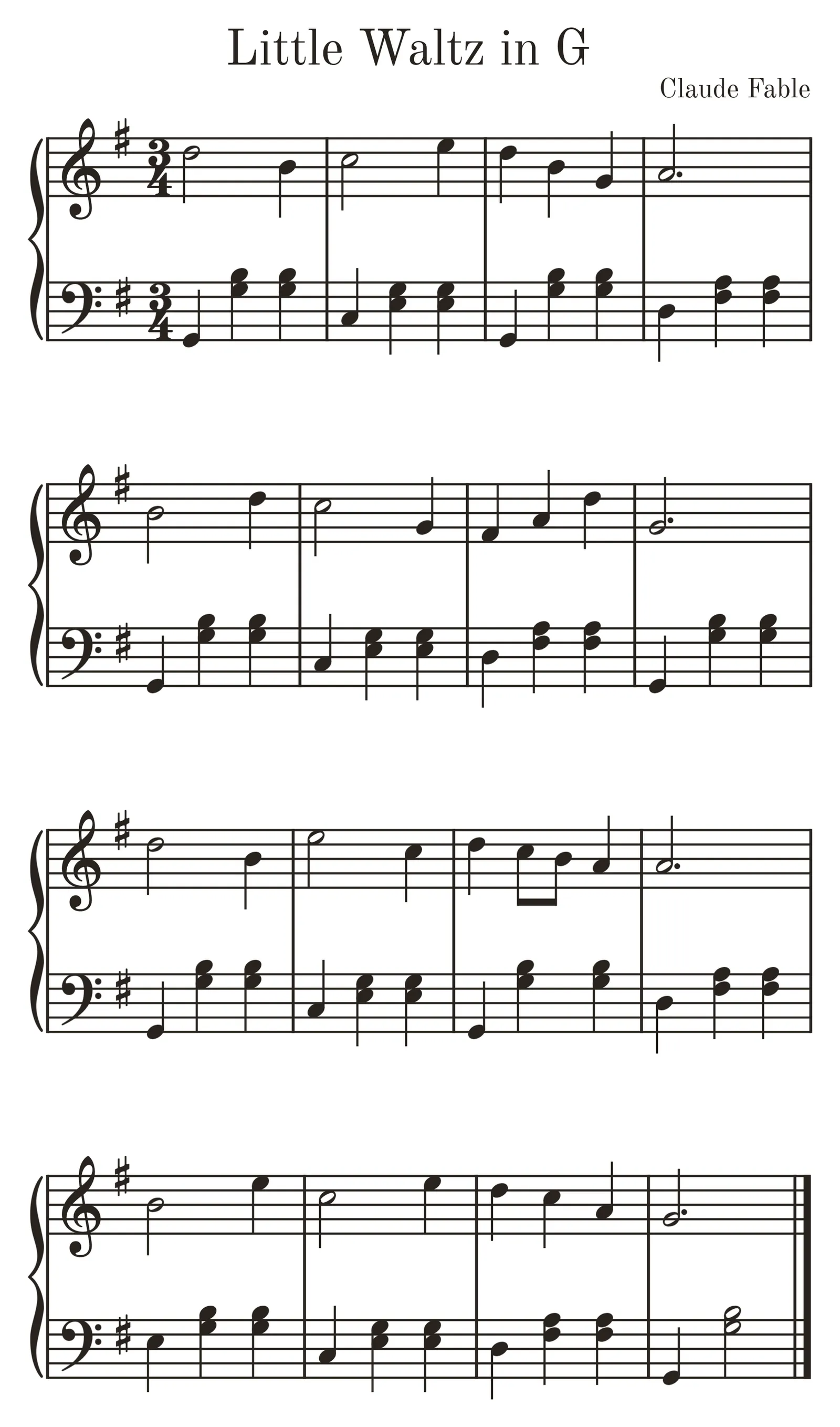 Sheet music for "Little Waltz in G", credited to Claude Fable: sixteen bars in 3/4 time and G major across four grand-staff systems, with a simple right-hand melody over an oom-pah-pah waltz accompaniment in the left hand, ending on a G major chord