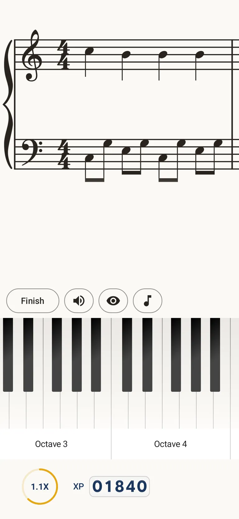 Note Universe app showing a sight-reading exercise with sheet music and on-screen piano