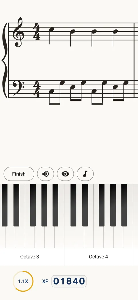 The Note Universe exercise screen on a phone: a bar of melody over broken chords, above a two-octave on-screen keyboard