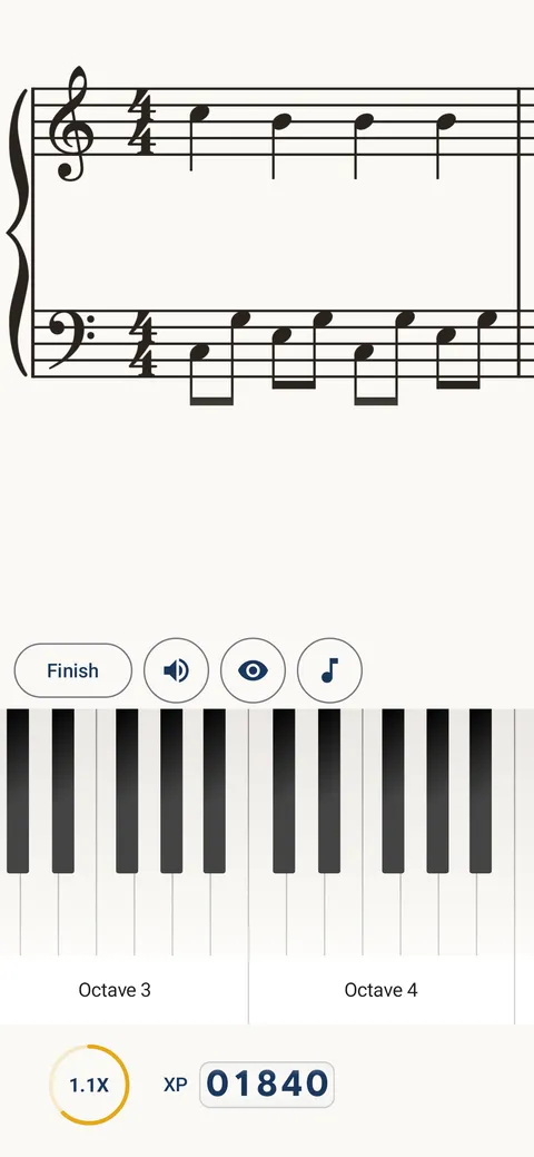 The Note Universe exercise screen on a phone: a bar of melody over broken chords, above a two-octave on-screen keyboard