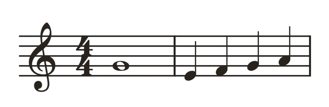 Two bars in the treble staff, a whole note in the first and four quarter notes in the second, with the whole note's bar narrower than the quarter notes' bar