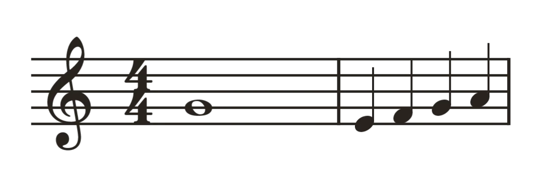 Two bars in the treble staff, a whole note in the first and four quarter notes in the second, with the two bars about the same width