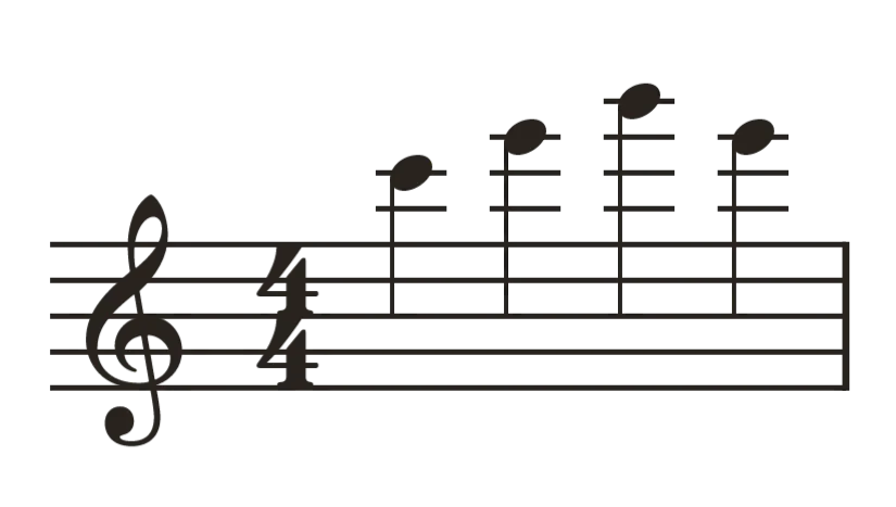 Four notes on two to four ledger lines above the treble staff, each with its stem reaching down to the middle line