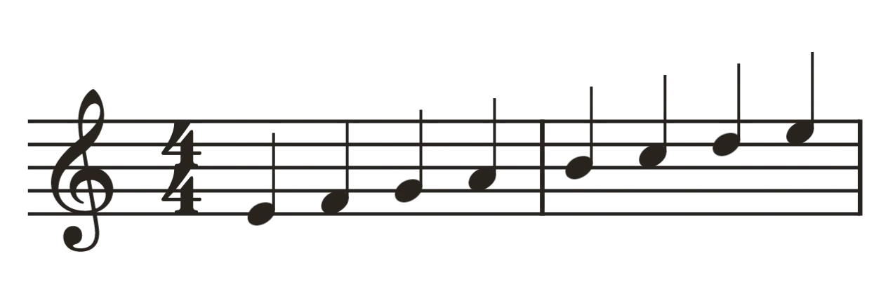 Two bars of quarter notes climbing from E to E in the treble staff, every stem pointing up