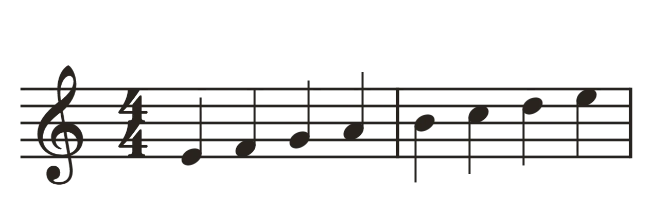Two bars of quarter notes climbing from E to E in the treble staff, with stems up below the middle line and down from it upwards