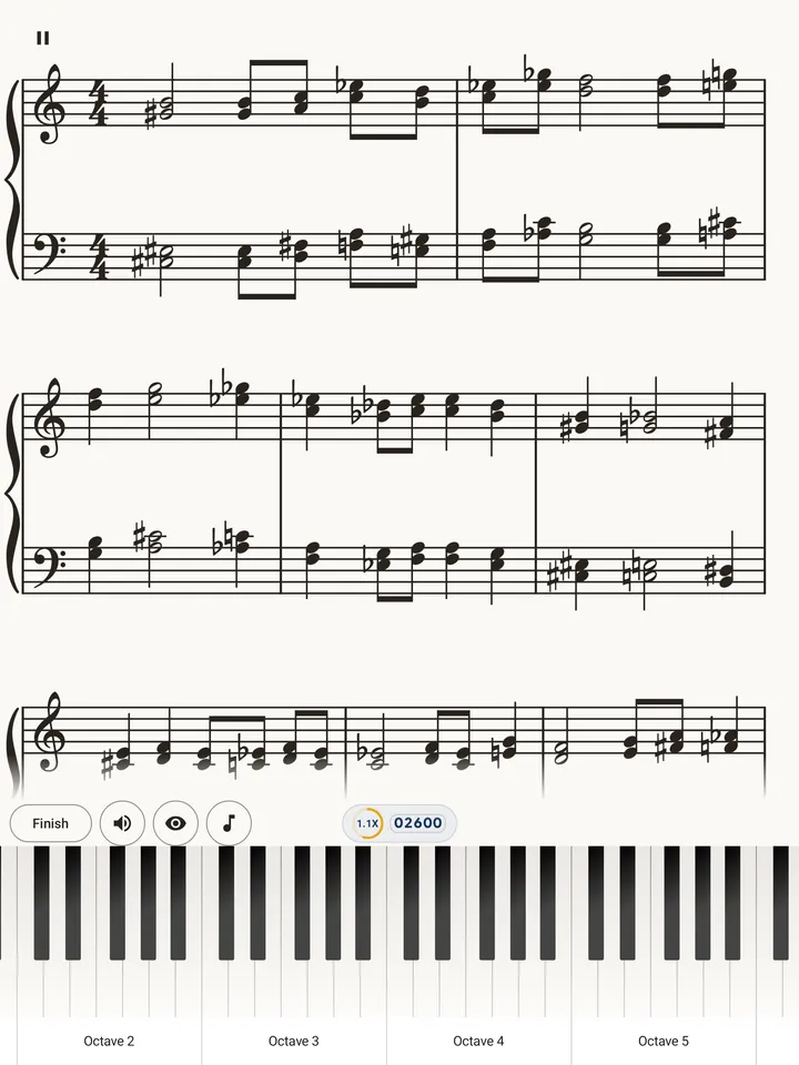 An exercise on a tablet, fitting three lines of two-handed chords above a four-octave on-screen keyboard