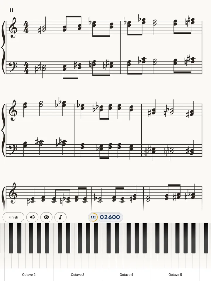 An exercise on a tablet, fitting three lines of two-handed chords above a four-octave on-screen keyboard