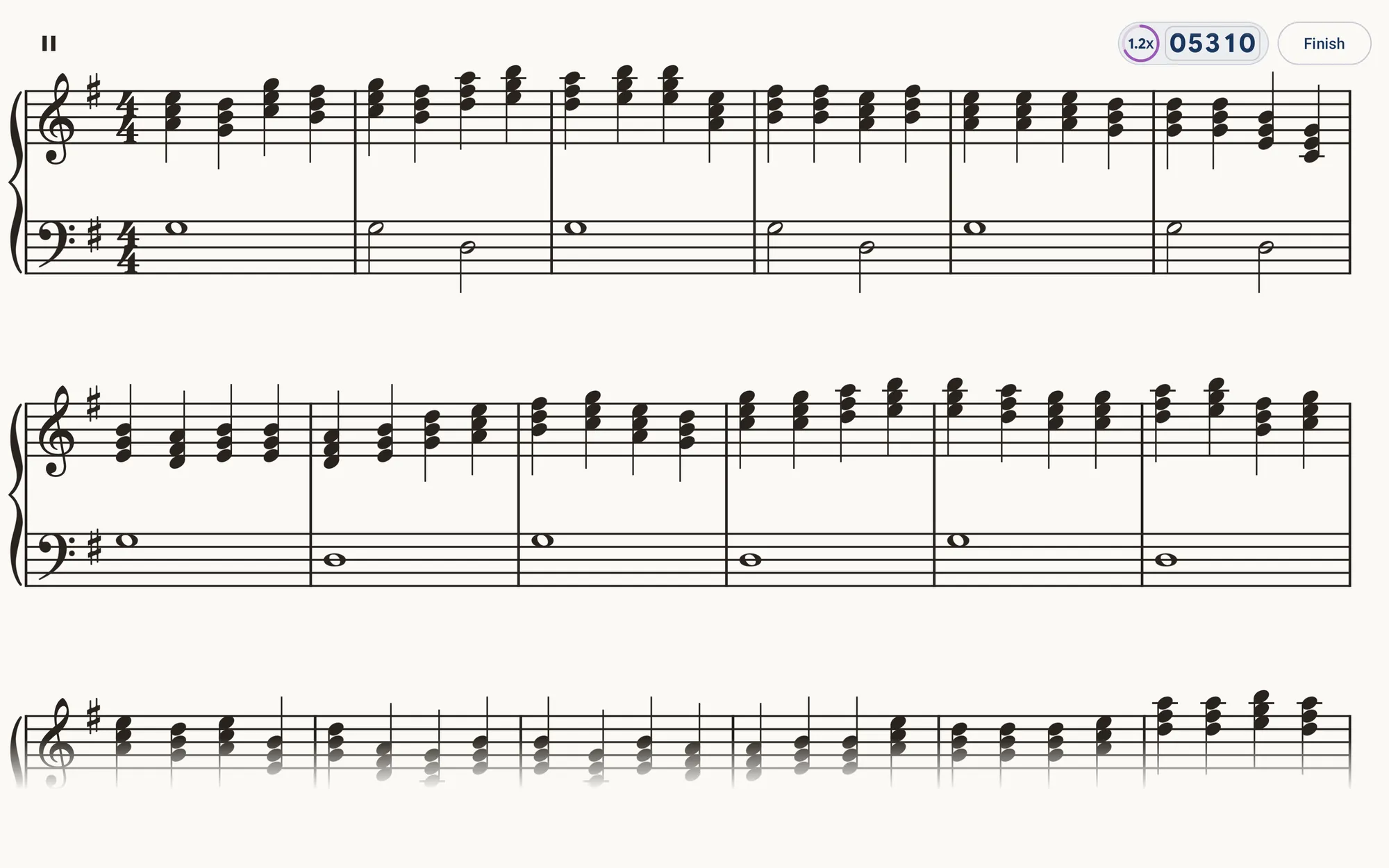 Note Universe on a tablet in landscape: three lines of G major triads over a held bass, with the XP counter below