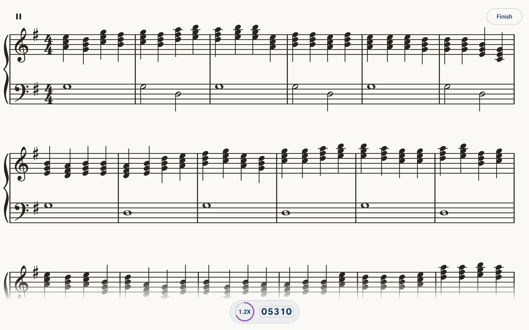 Note Universe on a tablet in landscape: three lines of G major triads over a held bass, with the XP counter below